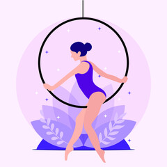 Aerial acrobat in the ring. A young girl performs the acrobatic elements in the air ring. Vector illustration