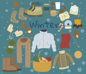 Hand drawn fashion illustration. Creative ink art work. Actual cozy vector drawing. Winter set: wear, shoes, accessories, food, drinks, things