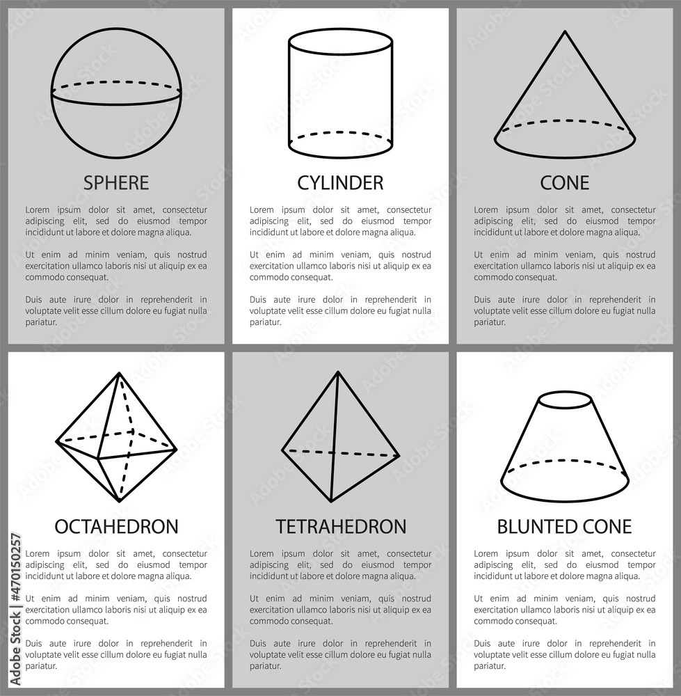 Poster sphere cylinder cone octahedron tetrahedron and blunted cone geometric shapes projections, symmetric