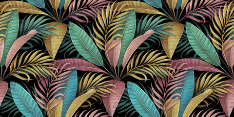 Luxury seamless pattern, pastel colorful tropical leaves, exotic palm, jungle, foliage. Hand-drawn vintage 3d illustration. Dark glamorous bright background. Wallpapers, cloth, fabric printing, goods