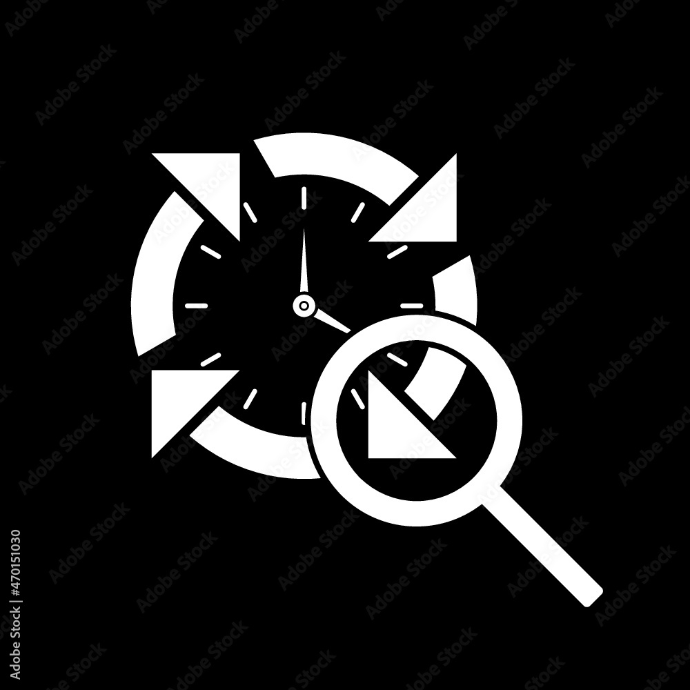 Poster magnifying glass with clock icon isolated on dark background