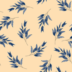 Watercolor seamless pattern with navy blue leaves on a beige background.