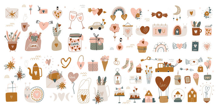 valentine's day, modern minimalist boho style design. love messages and cards, love symbol and magic elements