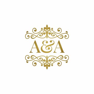 A&A initials logo ornament gold. Letter AA wedding ampersand or business partner symbol.