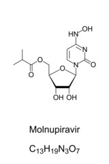 Molnupiravir, chemical formula and skeletal structure. Antiviral medication. Inhibits the replication of certain RNA viruses. Prodrug of the synthetic nucleoside derivative N4-hydroxycytidine. Vector.