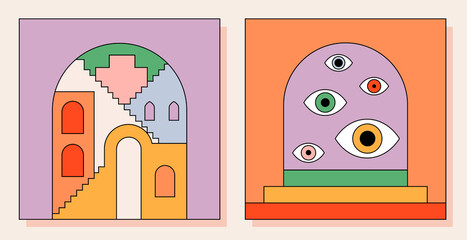 Abstract old aesthetic groovy backgrounds set. Modern vintage comics illustrations. Retro, trendy, nostalgic, colorful style 70s, 80s, 90s. Posters, social media posts, stories templates.