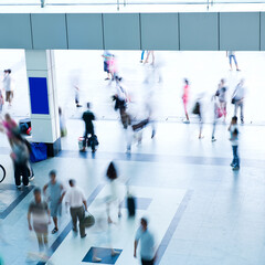 Top view of people crowd in motion at the modern building.