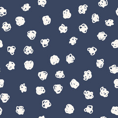 White polka dot abstract seamless pattern on dark blue background. Vector design for textile, backgrounds, clothes, wrapping paper, fabric and wallpaper. Fashion illustration seamless pattern.