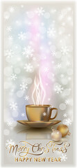Merry Christmas, New year banner with golden Cup of coffee
