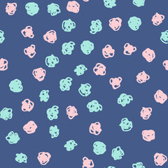Pink and light blue polka dot abstract seamless pattern on blue background. Vector design for textile, background, clothes, wrapping paper, fabric and wallpaper. Fashion illustration seamless pattern.