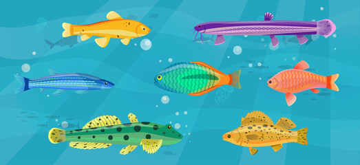 Underwater ocean fauna with fishes, seaweed and shells on sand. Ocean bottom with marine life reprsentatives. Marine underwater world with exotic fishes. Bright tropical fish floating on seabed