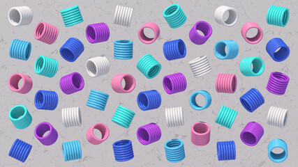 Group of colorful tubes. Gray textured background. Abstract illustration, 3d render.