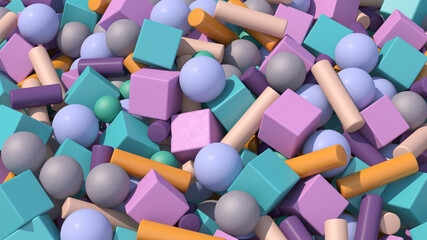 Colorful balls, cubes, cylinders. Abstract illustration, 3d render.