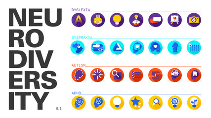 Set of various icons for some neurodiverse conditions (Dyslexia, Dyspraxia, Autism and ADHD) based on the most commons traits but also their strengths. - obrazy, fototapety, plakaty