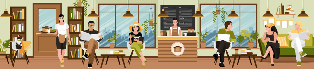 Vector illustration of an anti-cafe with large panoramic windows. Visitors, men and women, sit at tables, drink coffee and chat by reading books and newspapers.