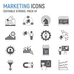 Marketing glyph icon set, digital marketing collection, vector graphics, logo illustrations, marketing vector icons, seo signs, solid pictograms, editable stroke