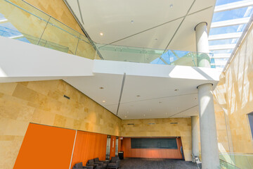 Abstract fragment of architecture of modern lobby, hallway of the luxury hotel, shopping mall, business center in Vancouver, Canada. Interior design.