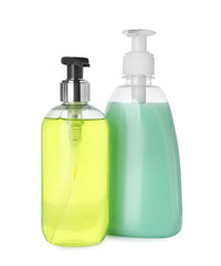 Dispensers of liquid soap on white background