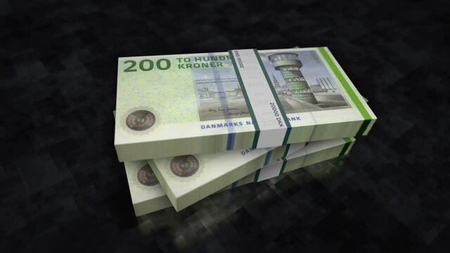Danish krona money pile pack. Concept background of economy, banking, business, crisis, recession, debt and finance in Denmark. 200 DDK banknotes stacks animation.