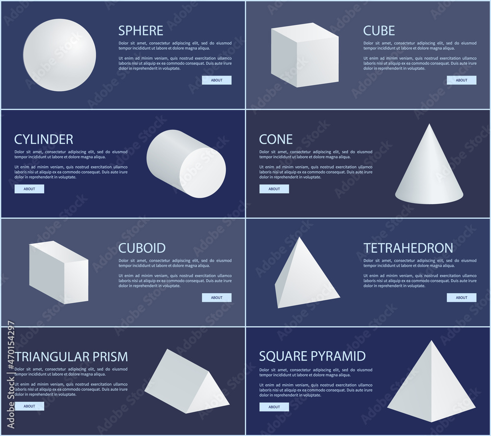 Poster sphere cube cylinder cone cuboid tetrahedron triangular prism square pyramid 3d geometric shapes vec