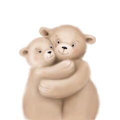couple of bears warm hugs, mother day illustration, watercolor style clipart with cartoon characters