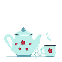 A light blue teapot with a floral pattern and a mug of tea. Cozy evenings. Vector hand-drawn illustration for print, decor and postcards