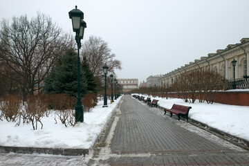 Moscow, Russia.  Alexander Garden (Aleksandrovsky Sad) аt winter in fog. Misty winter morning in Moscow.