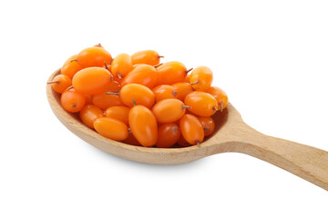 Fresh ripe sea buckthorn berries in wooden spoon on white background