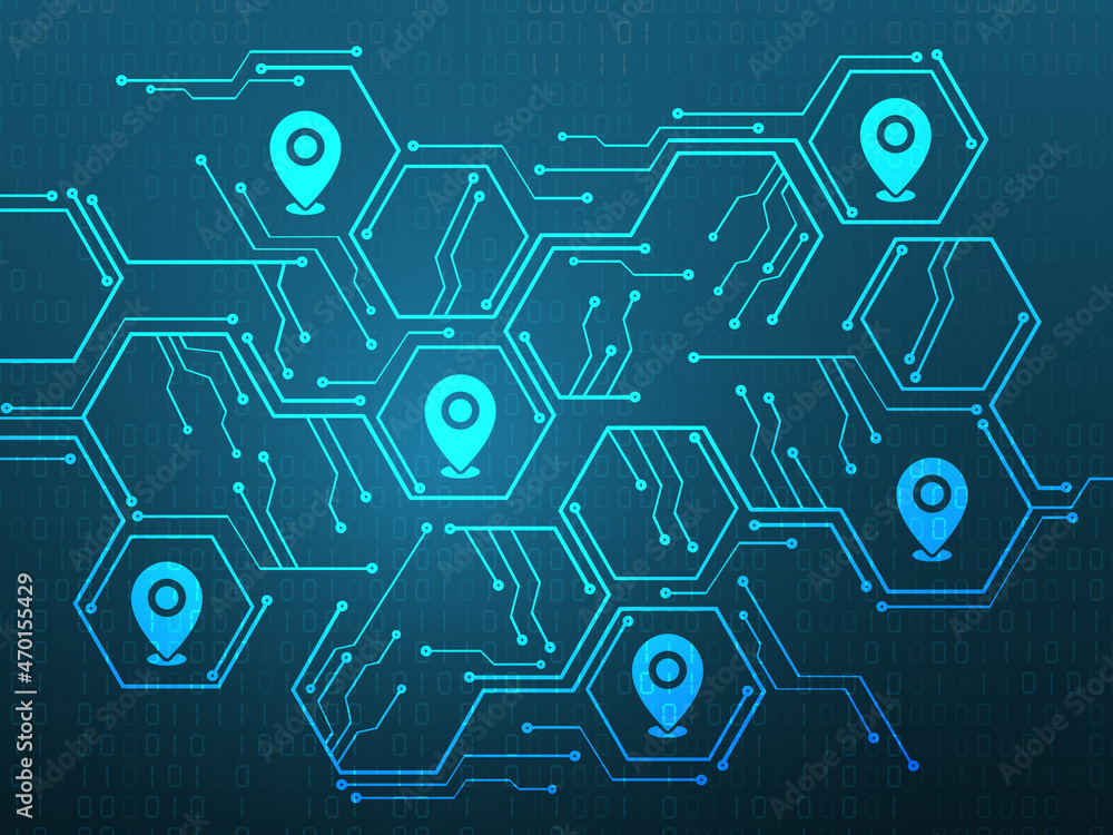 Poster 2d illustration map pointer connected
