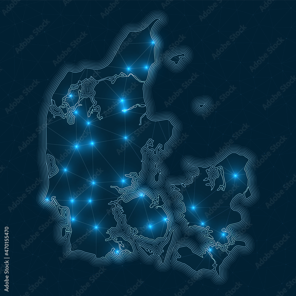 Poster denmark network map. abstract geometric map of the country. digital connections and telecommunicatio