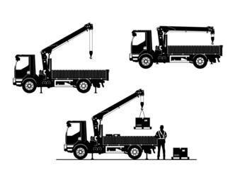 Silhouette of crane lorry. Truck mounted crane. Side view of knuckle boom crane on the truck. Vector. - 470155469