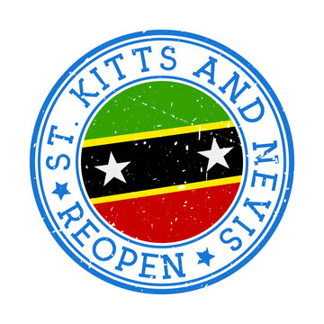 St. Kitts and Nevis Reopening Stamp. Round badge of country with flag of St. Kitts and Nevis. Reopening after lock-down sign. Vector illustration.