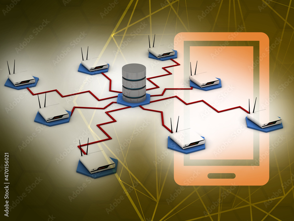 Poster 3d illustration with data connected to modem and background mobile sign