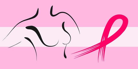 Pink ribbon and silhouette of a female breast. Breast cancer illustration on a pink medical background. banner for Breast Cancer Awareness Month, space for text. Breast cancer control, women's health.