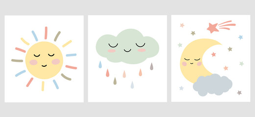 Set of cute sun, cloud, and moon characters in soft pastel colors for baby shower, wall art, print, invitation, room decoration. Vector illustration. Hand drown nursery design.
