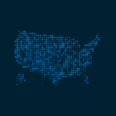 USA dotted glowing map. Shape of the country with blue bright bulbs. Vector illustration.