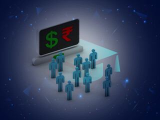 3d illustration dollar sign and rupee sign with group people 