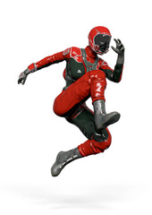 cosmonaut girl is jumping in action on white background