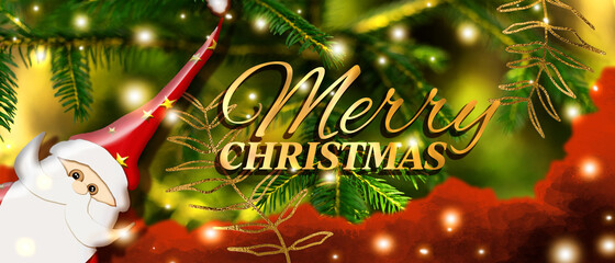 Santa Claus on a card with Christmas background and Merry christmas lettering. Golden plant elements and sparkling points of light complete this design. 