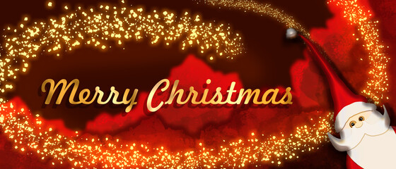 Santa Claus on a card with Christmas background and Merry christmas lettering. Sparkling points of light complete this design. 
