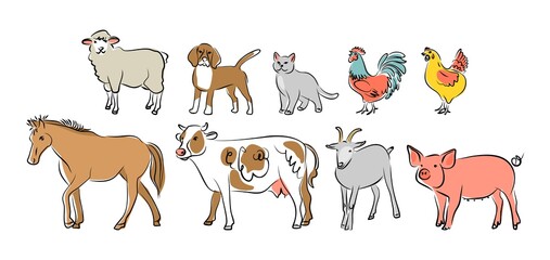 Farm animals and birds in doodle style. Cute pig, cow, horse, sheep, goat, chicken, rooster. Vector illustration