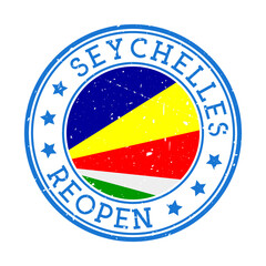 Seychelles Reopening Stamp. Round badge of country with flag of Seychelles. Reopening after lock-down sign. Vector illustration.