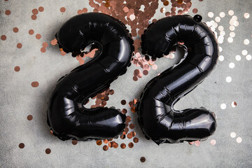 22 Black inflatable foil baloons set. Bright party decoration figures. Luxury numbers