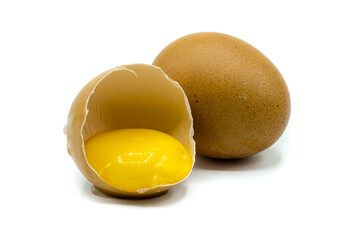 raw opened chicken egg with yolk isolated on white background