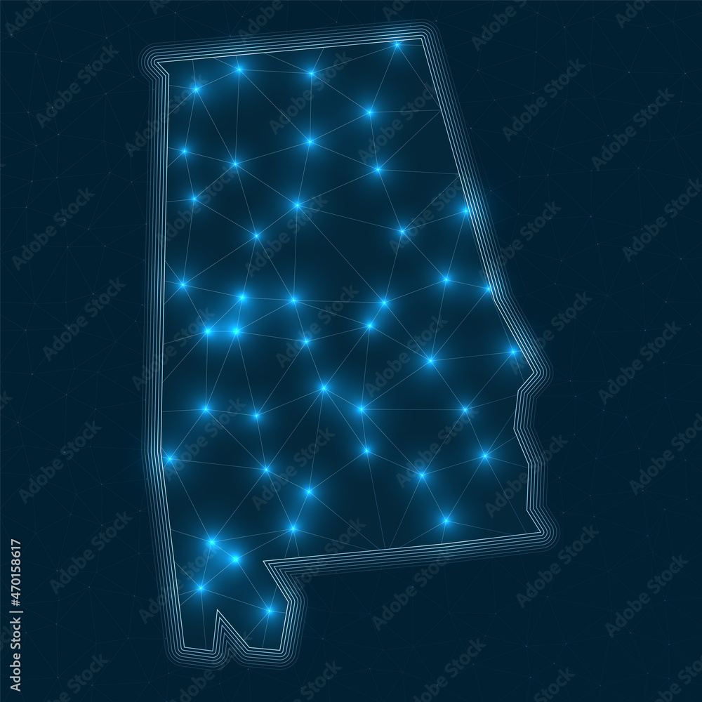 Poster alabama network map. abstract geometric map of the us state. digital connections and telecommunicati