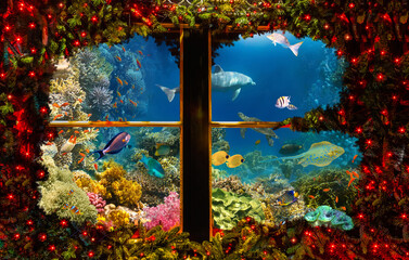 Collage about christmas tree and underwater world.