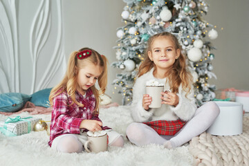 Obraz na płótnie Canvas Two baby girls sisters on background christmas tree. Happy family. Friendship concept