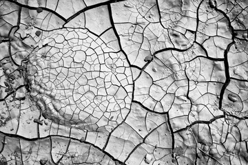 cracked and dried up mud along a dry and desolate shoreline.