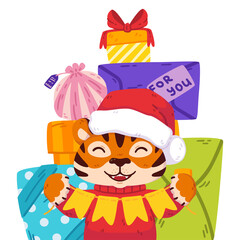 Obraz na płótnie Canvas Smiling tiger with santa hat, festive garland flags, presents. Chinese zodiac animal. Symbol of the new year 2022, 2034. Vector illustration isolated on white background.