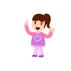 Smart little girl points her finger up. Happy child. Cute Character in pink clothes.